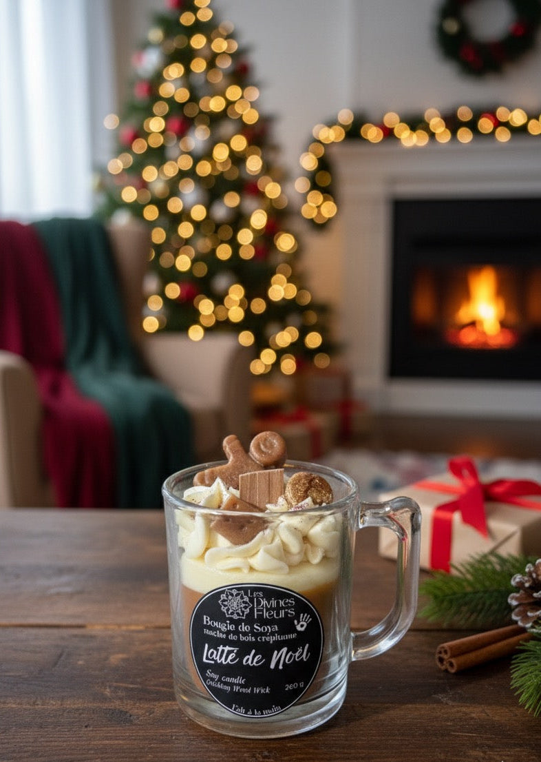 🎄 Bougie Tasse gourmande de Noël Mèche de bois crépitante– Parfum pain d’épices / sapin