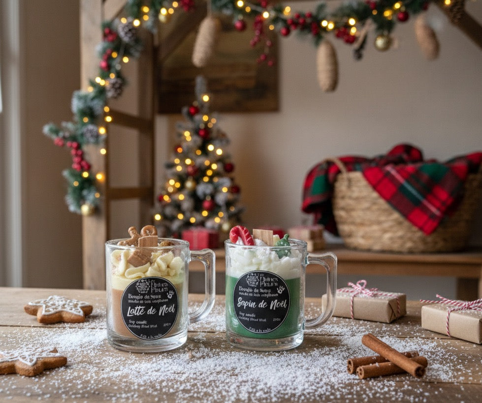 🎄 Bougie Tasse gourmande de Noël Mèche de bois crépitante– Parfum pain d’épices / sapin