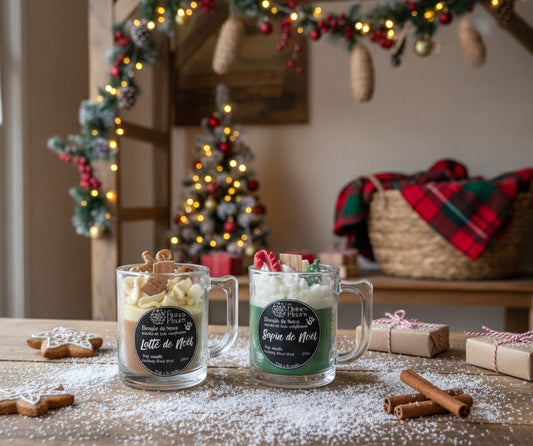🎄 Bougie Tasse gourmande de Noël Mèche de bois crépitante– Parfum pain d’épices / sapin