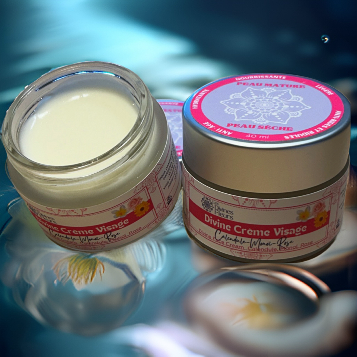 Divine crème pour le visage: Crème de jour et de nuit à base de macération de fleurs. Pour peau sèche et mature